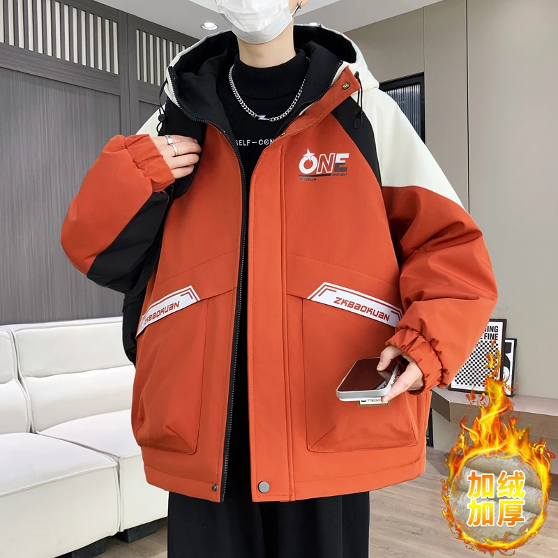 连帽夹克男士加绒加厚2025冬季新款时尚百搭青少年学生冲锋衣外套