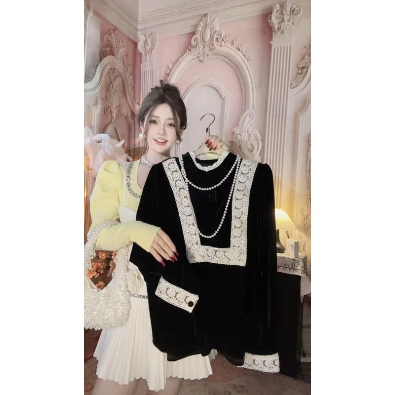 【崔】T0034拼接常规毛针织衫时尚毛衣百搭蕾丝女装针织衫长袖