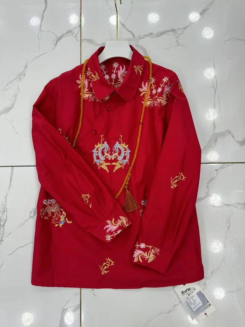 8516新中式国风刺绣衬衫女冬复古休闲宽松遮肉小衫上衣斜襟衬衣