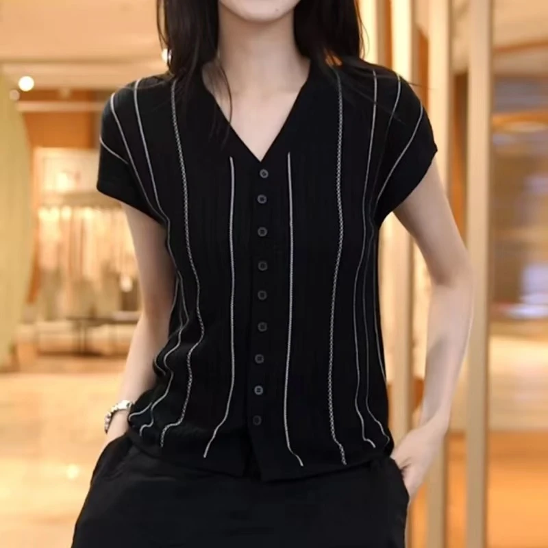 丽丽家~竖条纹黑洋气气质时尚百搭夏季v领短袖假开衫上衣