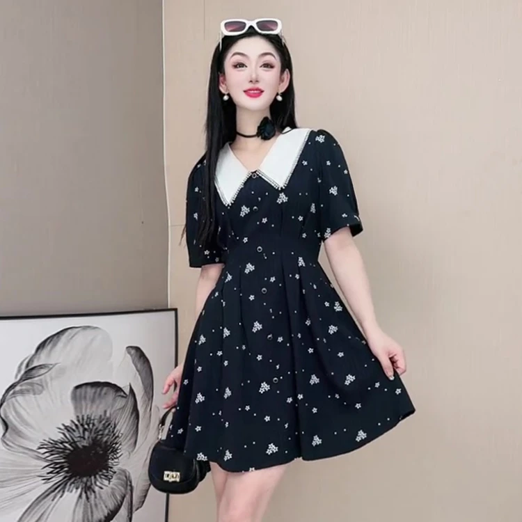 3055夏季碎花连衣裙洋气大码女装新款赫本风裙子显瘦收腰甜美气质