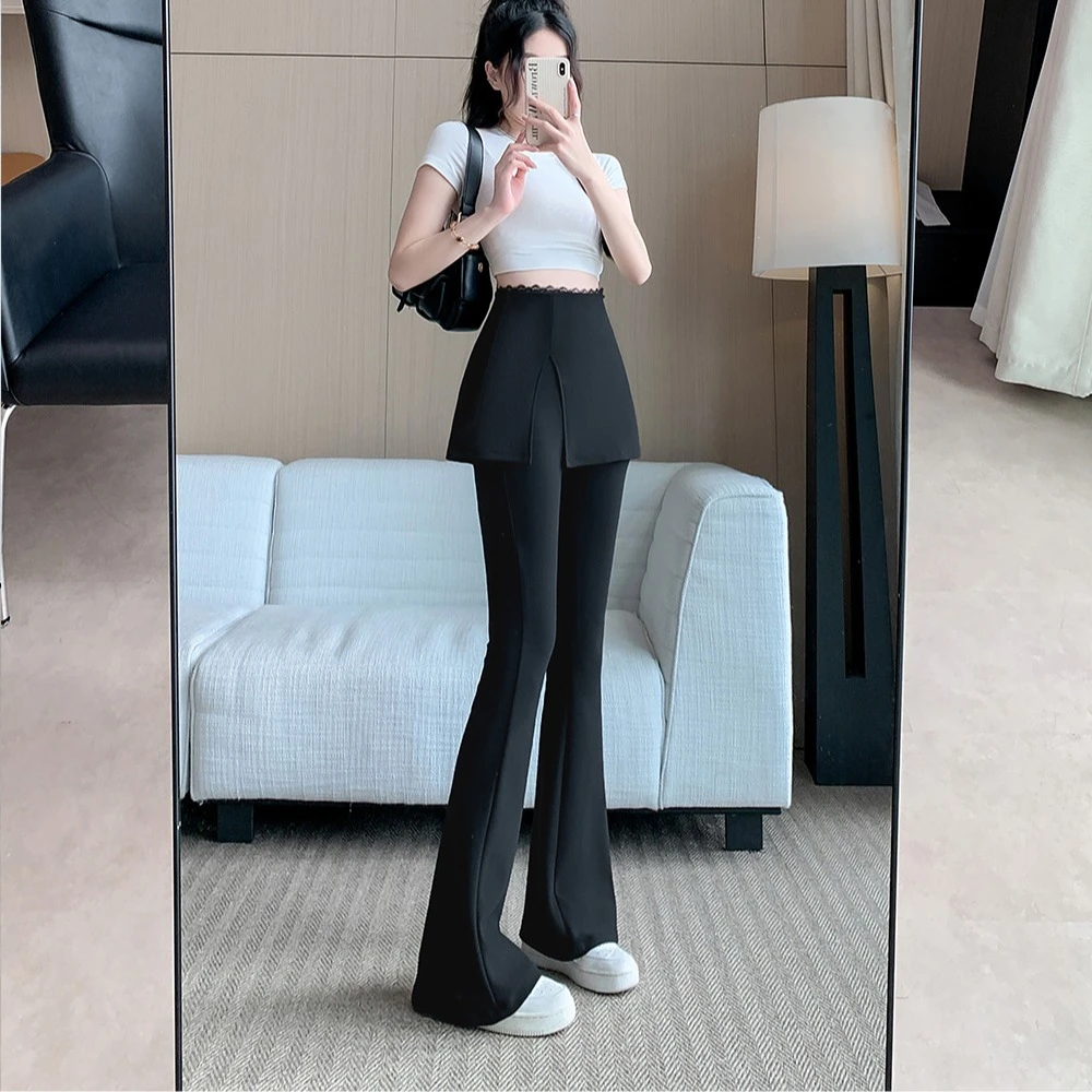 高腰遮跨假两件微喇叭裤女显瘦胖mm大码2025春秋屁帘开叉喇叭长裤
