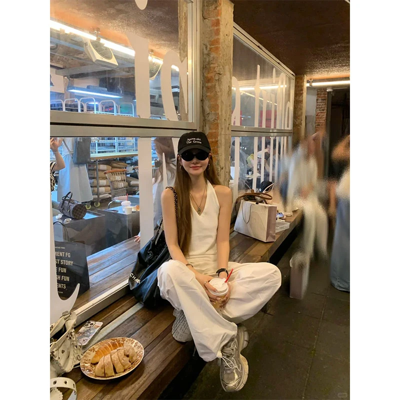 高级感白色V领露背挂脖吊带背心女夏季内搭高腰垂感阔腿裤两件套