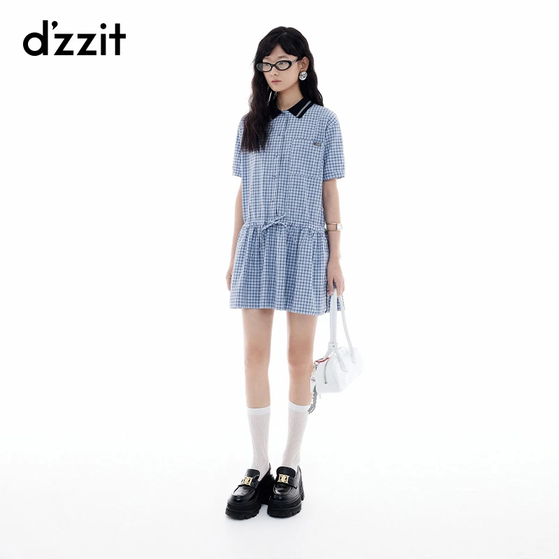 【商场同款】dzzit地素连衣裙夏季格子拼接翻领短裙女3J2O4383T