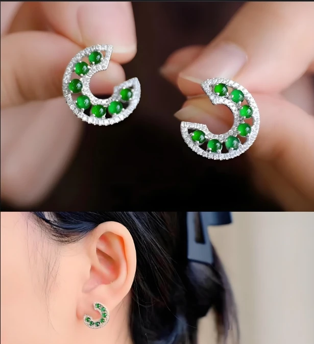 天然A货耳钉翠色润泽 东方韵雅 匠心镶嵌 925银 翠绿耳钉 轻奢