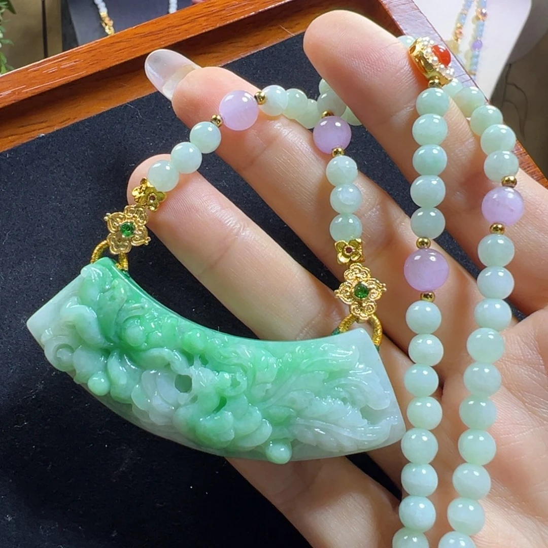 翡翠未镶嵌毛衣链阳绿凤凰弯弯