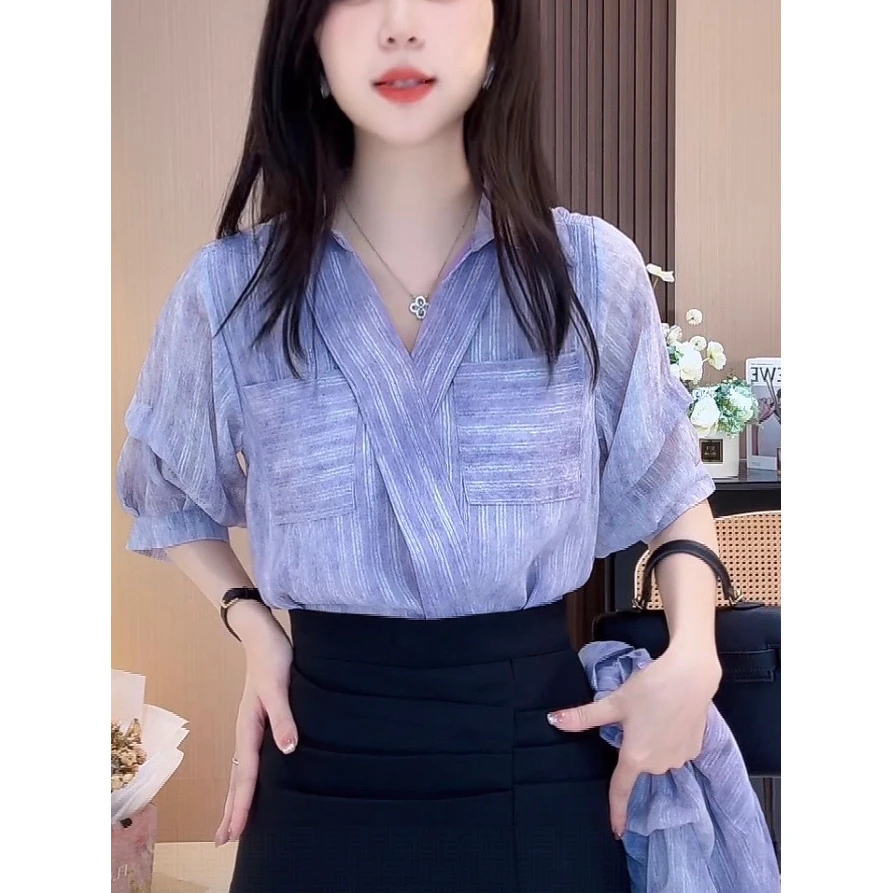 【589】夏季新款简约宽松小衫显瘦遮肉款高级气质洋气衬衫