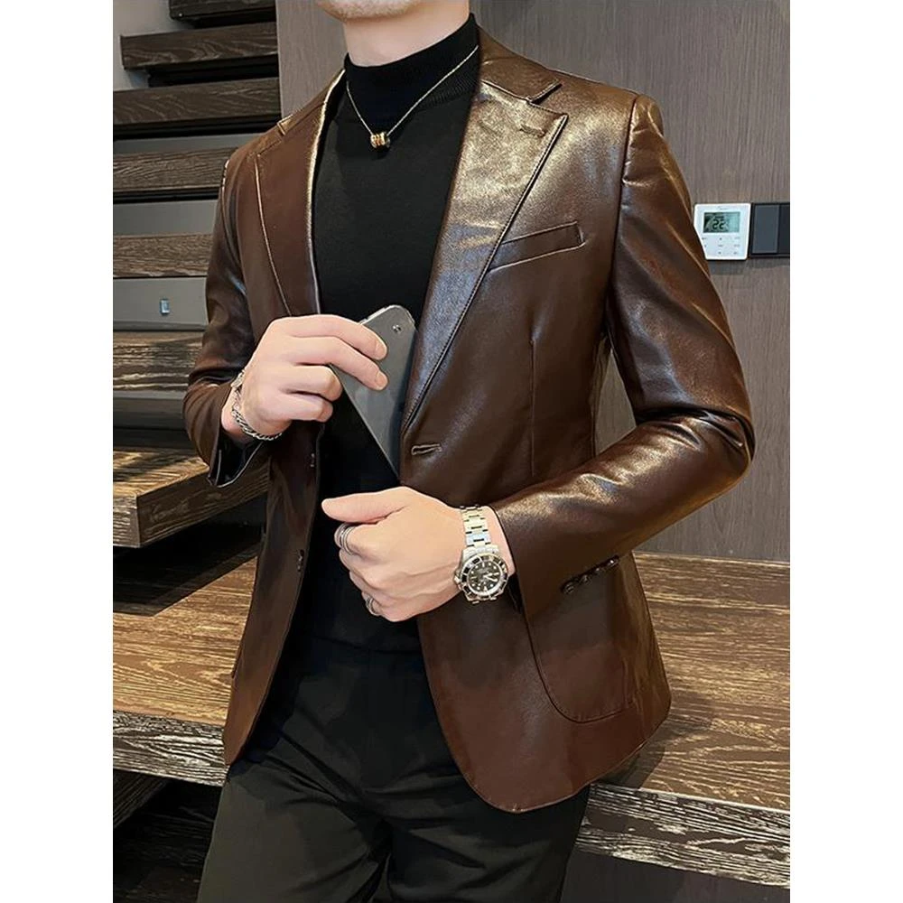 男士休闲皮衣西装外套2025新款修身高级感痞帅机车PU皮单西小西服