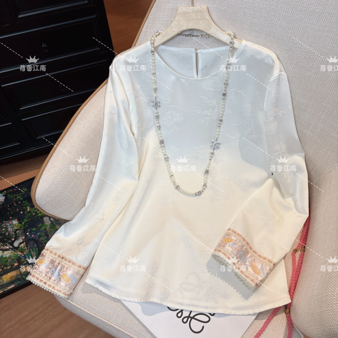 【秋辞】新中式提花拼接手工串珠国潮风圆领衬衫2025百搭减龄上衣女