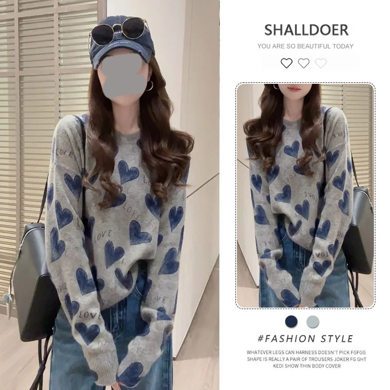圆领爱心字母印花毛衣女士秋冬胖mm宽松显瘦氛围感穿搭针织衫上衣