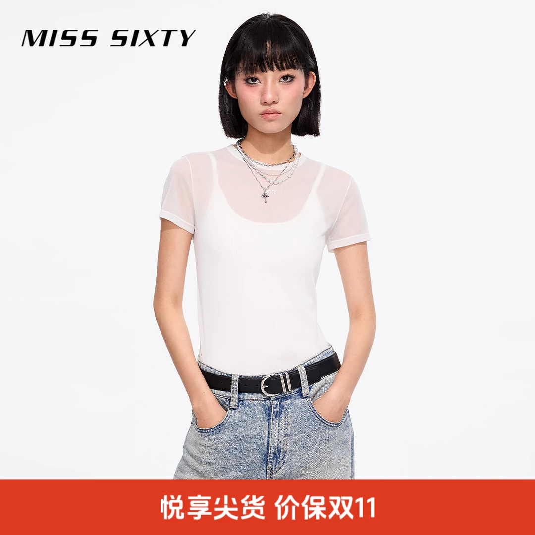 【商场同款新品】Miss Sixty2025春新款短袖T恤女圆领字母网纱上衣