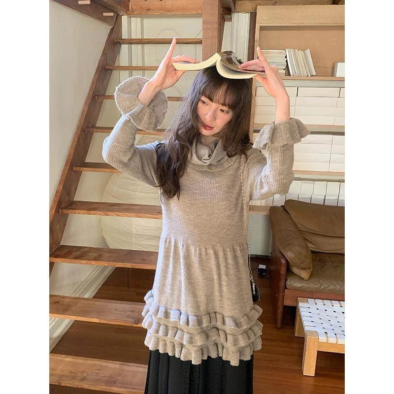 霍里德地图 多层木耳边针织打底女围脖可拆喇叭袖显瘦收腰连衣裙