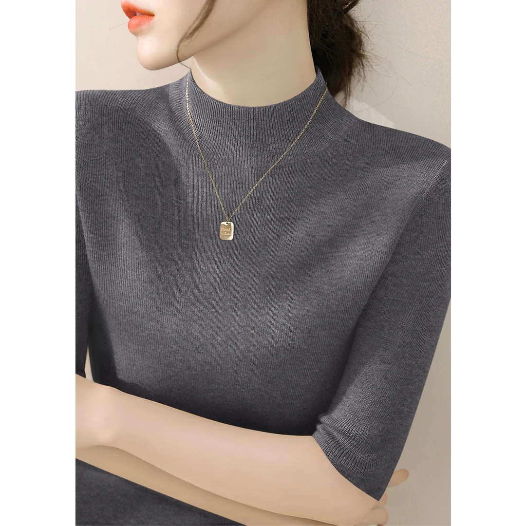 2025年半高领修身简约针织女装上衣时尚秋季百搭五分袖内搭打底衫