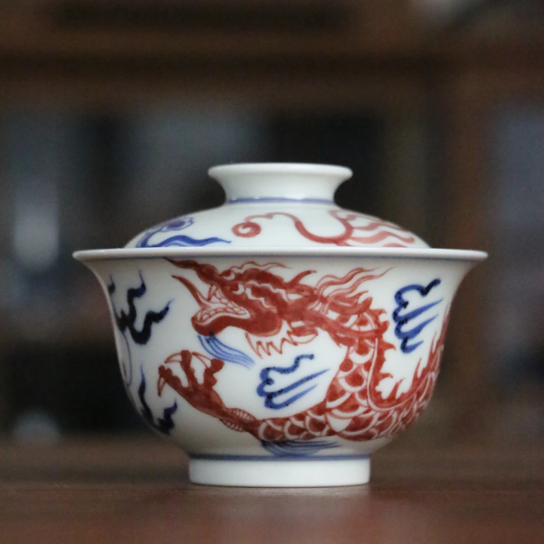 青花釉里红-龙纹盖碗