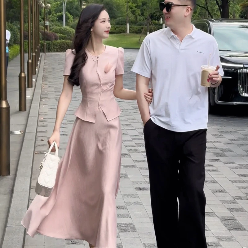 拉夏贝尔【素蝶絮语】25夏季法式气质赫本短袖上衣+半裙 10537 KXJ