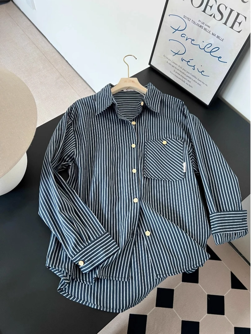 港式chic复古蓝条纹衬衫女2025春季新款通勤polo领外套宽松上衣