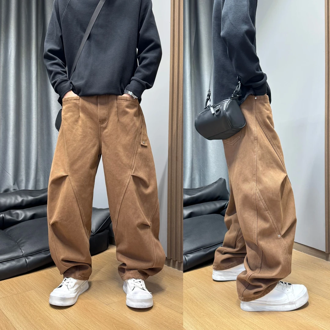 秋冬新款加绒弯刀休闲裤美式潮流宽松直筒褶皱设计感复古阔腿裤