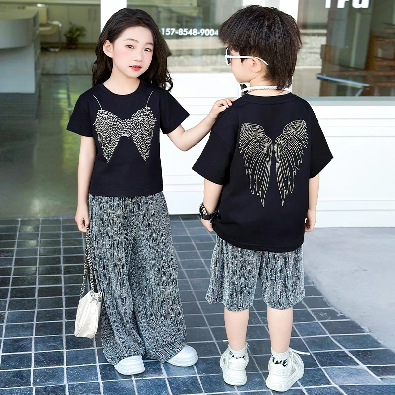 女童纯色夏季少女风女套头套装中小童短袖男童洋气韩版休闲两件套