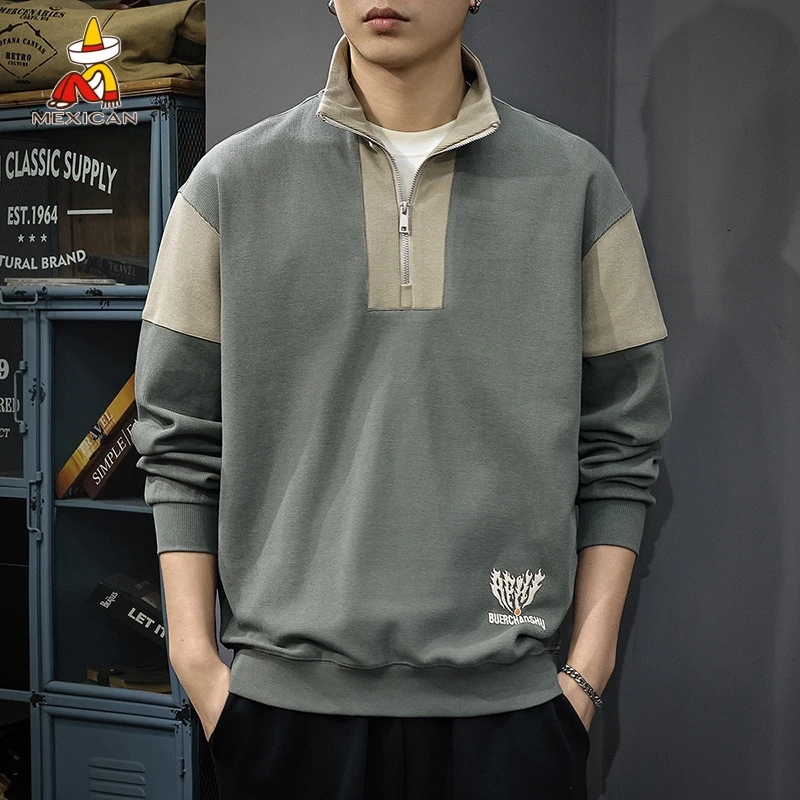 Mexican/稻草人秋季半拉链长袖卫衣男款潮牌宽松休闲撞色刺绣上衣