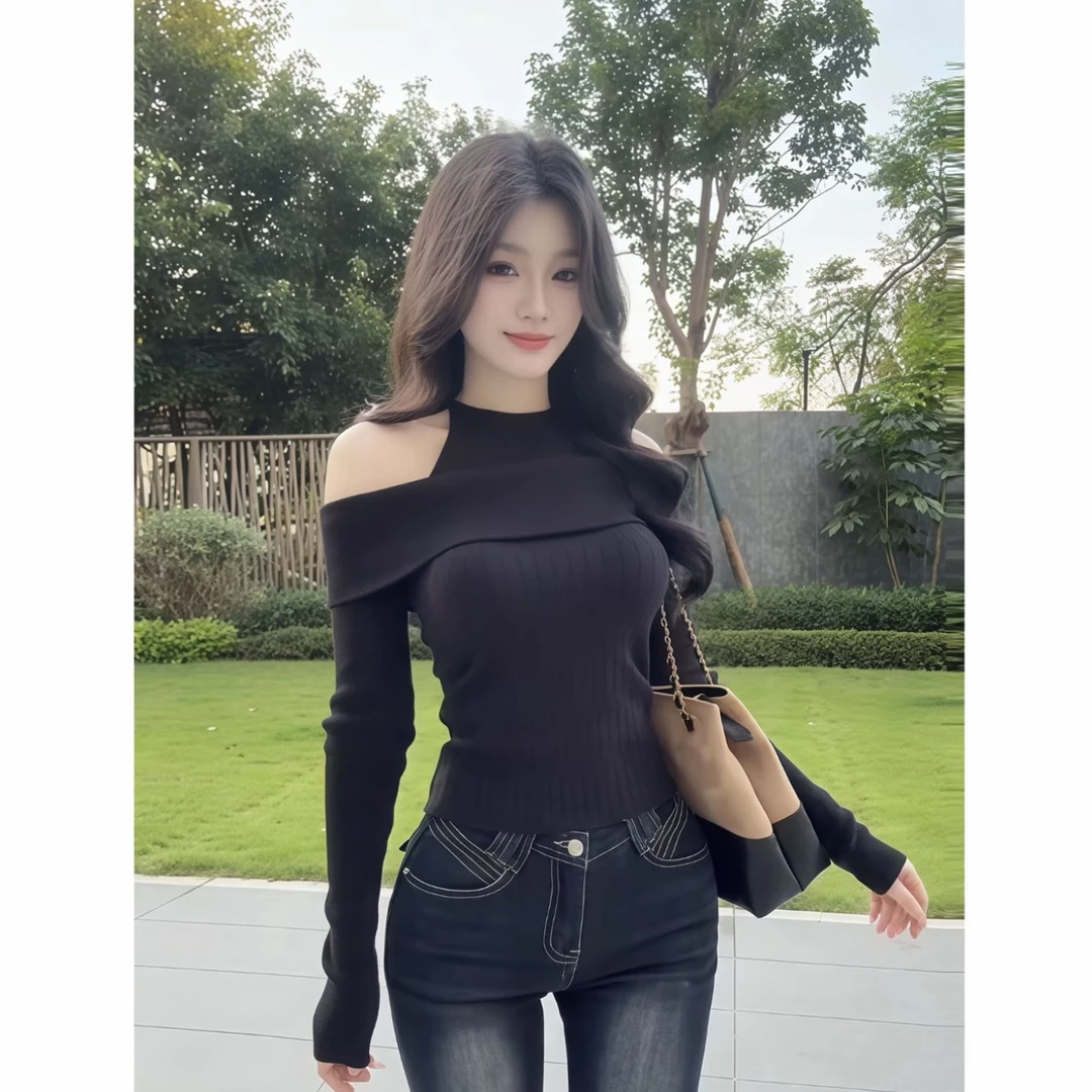 纯欲辣妹一字肩假两件长袖针织衫女秋季新款修身显瘦百搭打底上衣