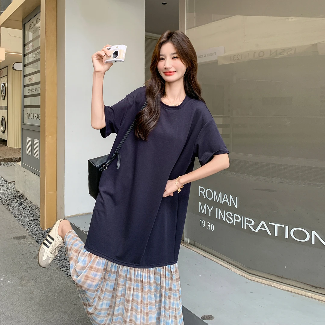 DUCURNO格纹拼接藏青色连衣裙女夏季2025新款小众设计感宽松裙子