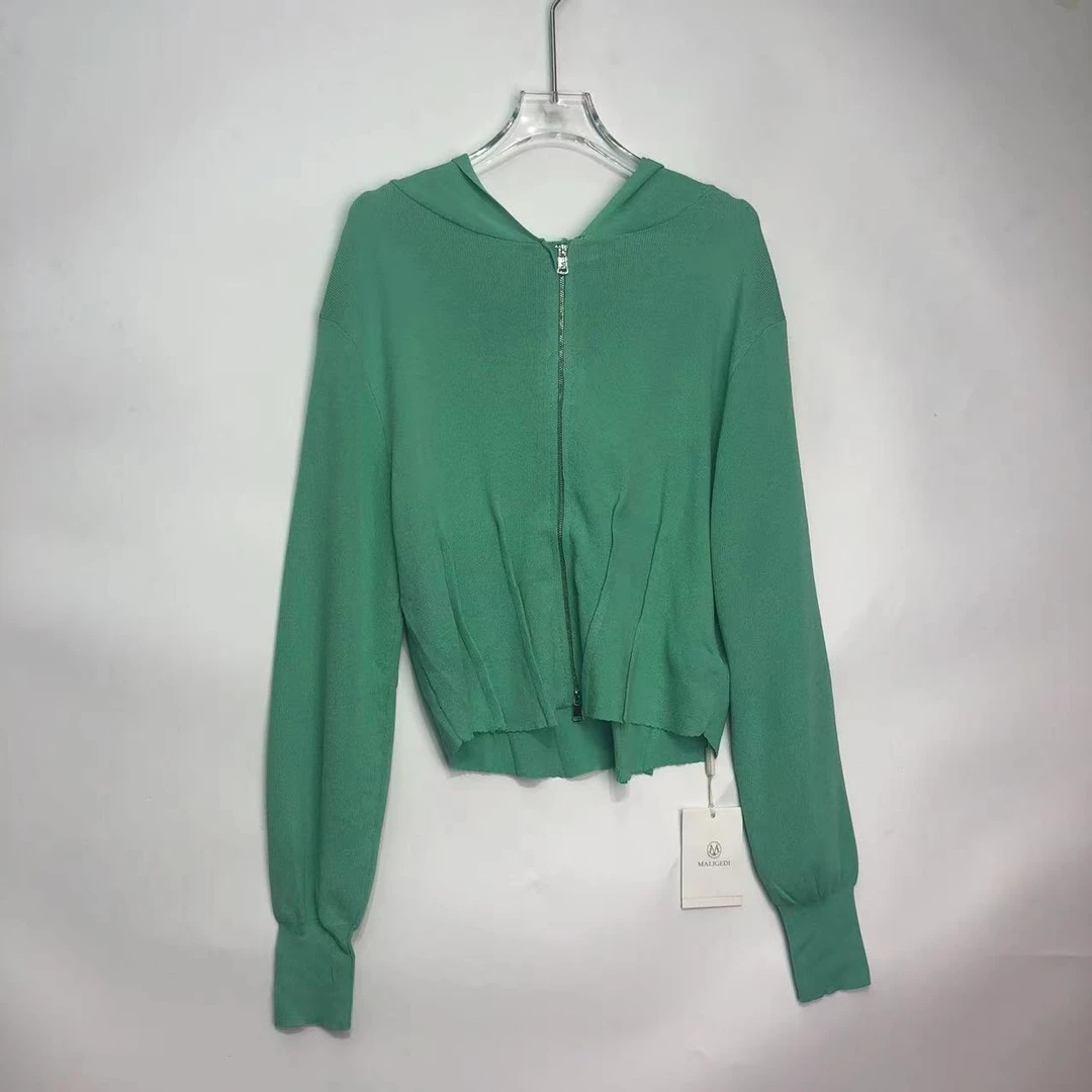 ML2291【夏季新款】时尚连帽绿色拉链褶皱设计上衣