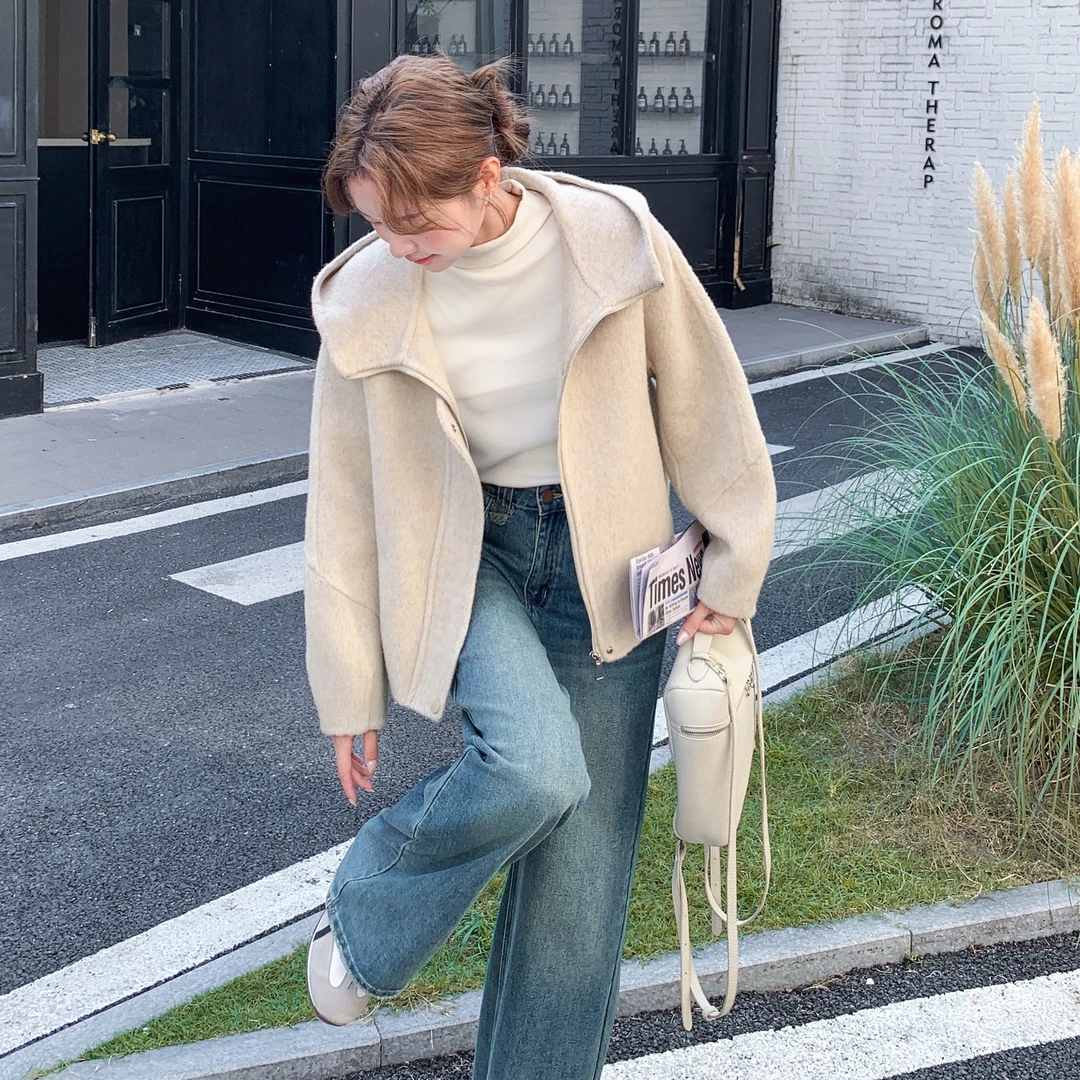 2025秋冬新款减龄小清新短款燕麦色双面呢夹克毛呢新款潮牌女装