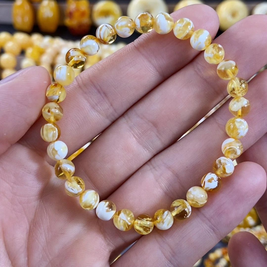 琥珀手链未镶嵌6+mm尺寸金漆白溶洞