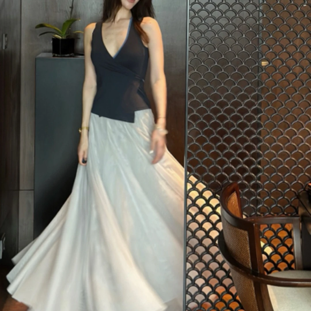 muli沐里斜门襟T恤吊带背心系带T恤上衣