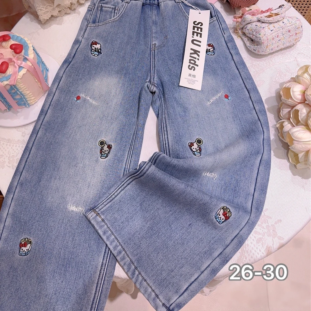 女大童加绒牛仔裤卡通秋冬加厚直筒裤微辣裤可爱百搭裤子女生