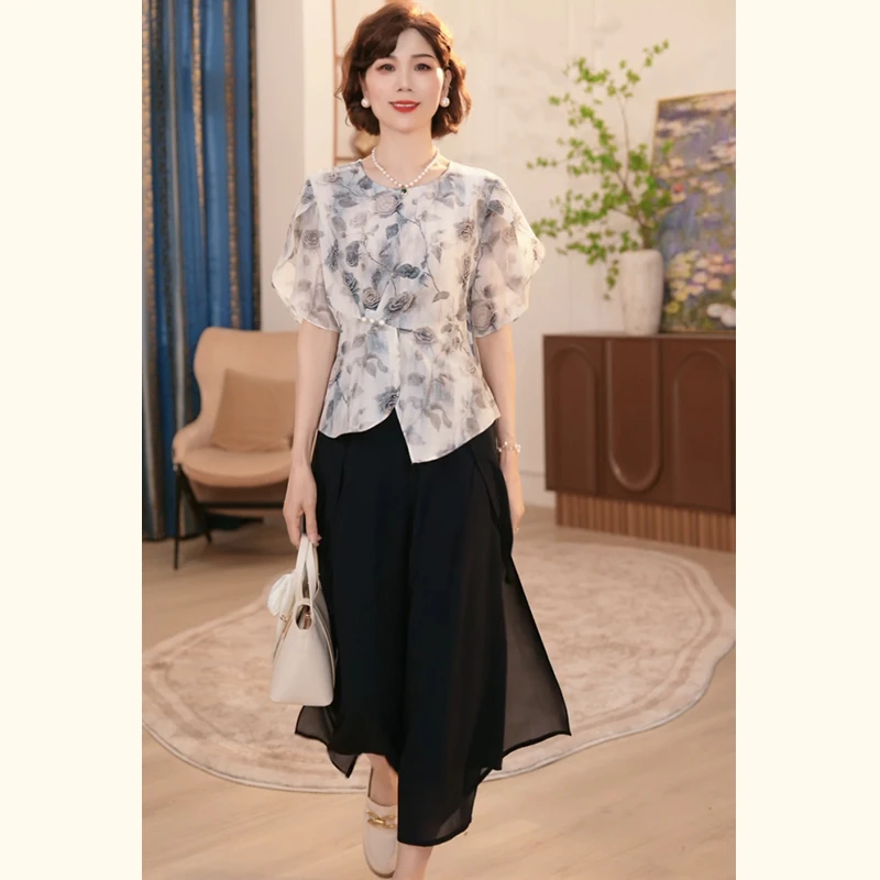 2025新款妈妈装夏季时尚气质中年女装宽松洋气小衫套装