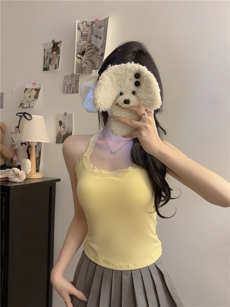 今年新款纯欲风蕾丝拼接挂脖吊带背心女装夏季带胸垫内搭打底上衣
