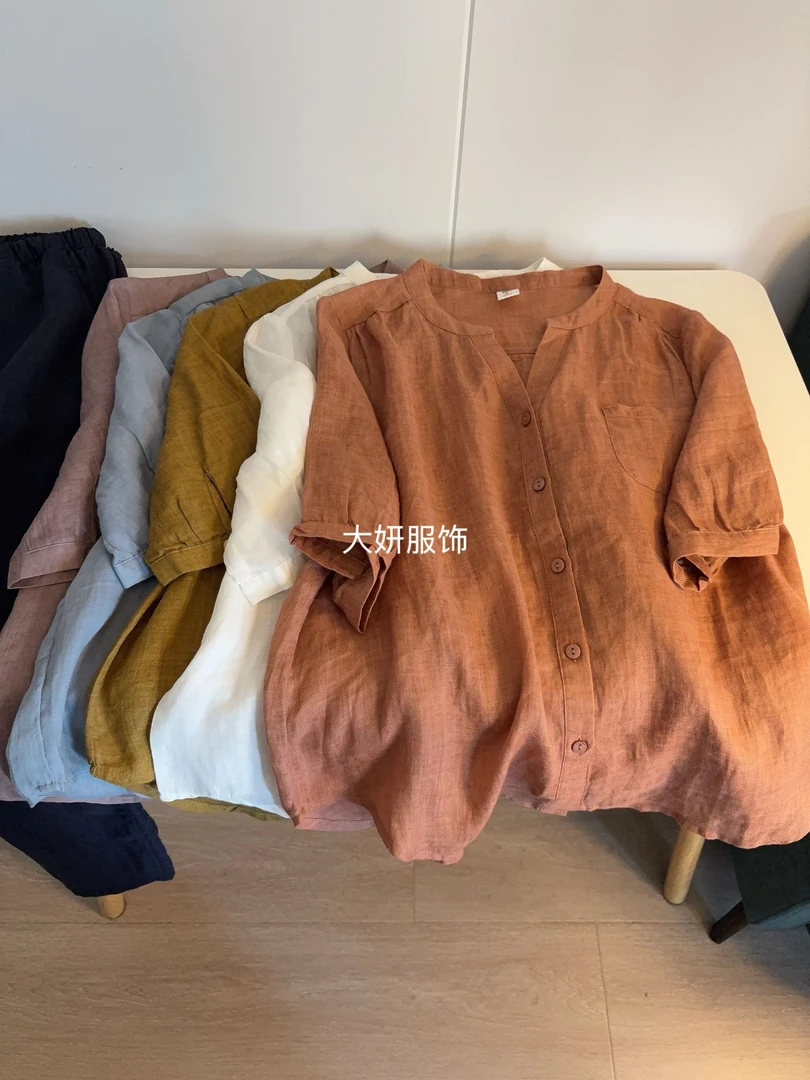 苎麻剪刀领！100%苎麻！气质款立领衬衫短袖衬衫上衣6549