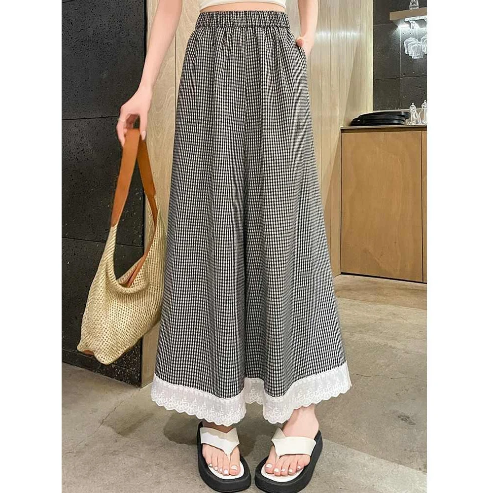 小众蕾丝花边设计格子阔腿休闲裤女薄款新款宽松高腰洋气垂感长裤