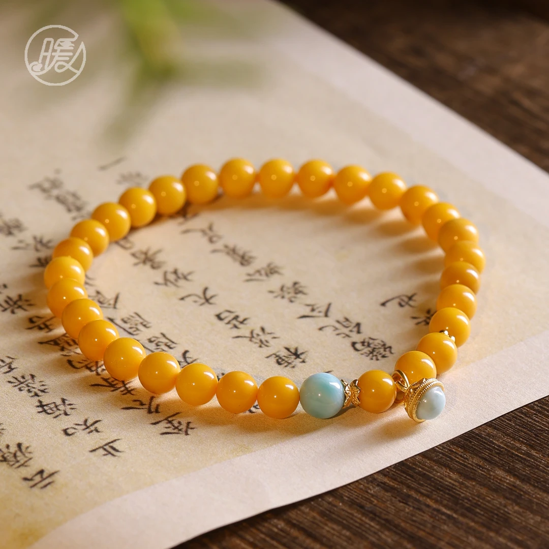 单圈蜜蜡手串5mm搭配海纹石吊坠并蒂莲配件手链E6412多样性发一