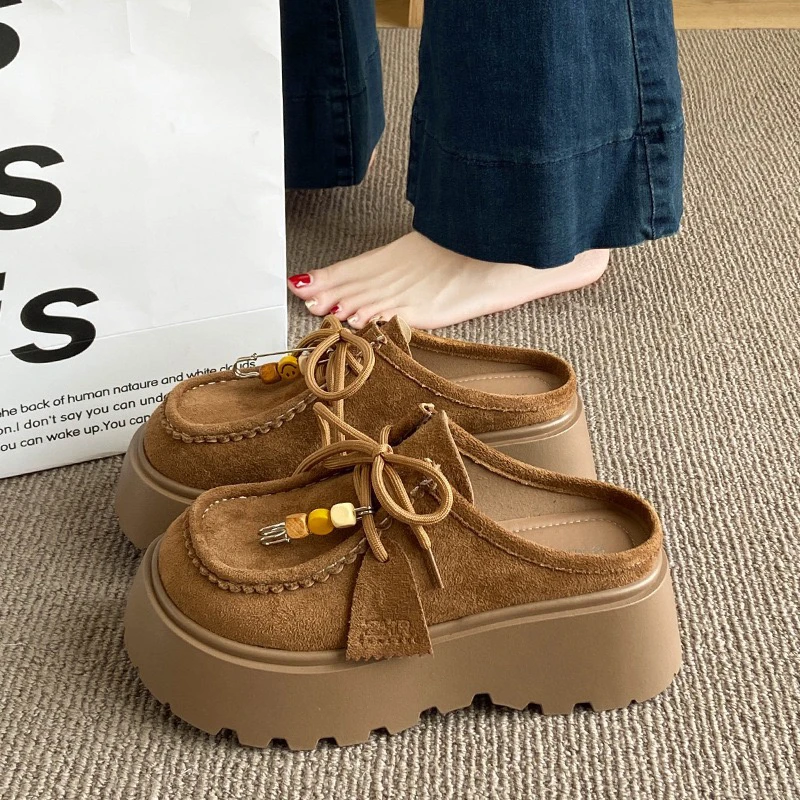复古时尚百搭包头勃肯拖鞋女2025秋季新款厚底增高系带休闲单鞋