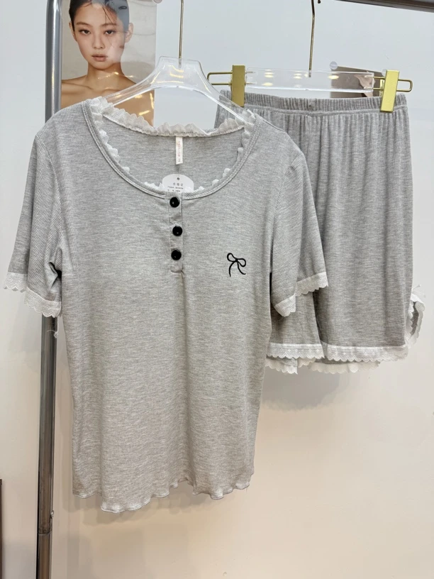 灰色蝴蝶结睡衣女夏季宽松圆领花边休闲家居服套装