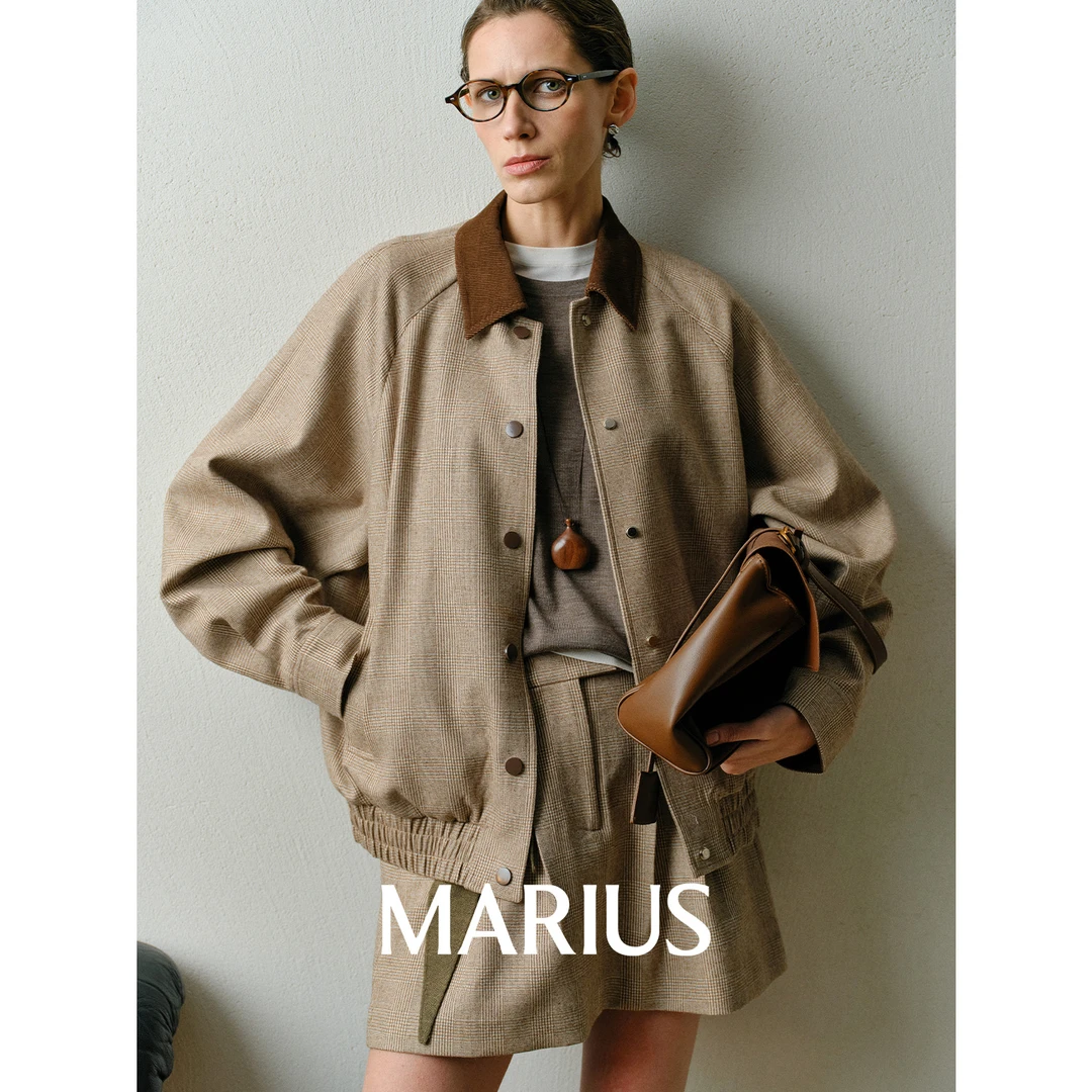 MARIUS“奶茶套”MIU系拼色领落肩夹克外套半裙