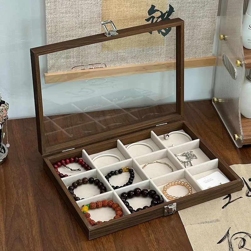 首饰展示架 首饰盒手串核桃手镯展示盒木质高级感绒布盒子透明盒