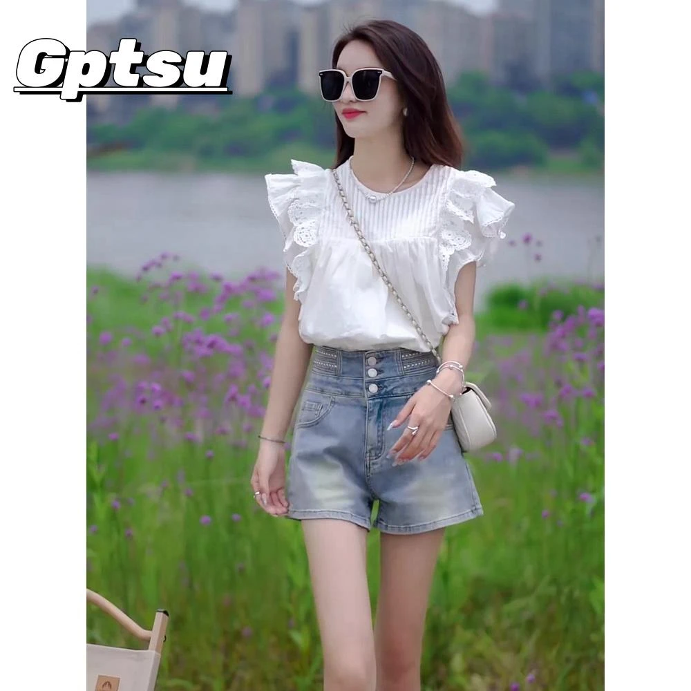 GPTSu小清新甜美蕾丝白色娃娃衫女夏季新款圆领褶皱宽松短袖衬衫