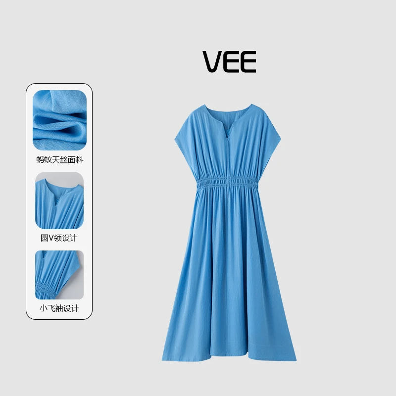 短视频VEE【海浪湾】25夏新款气质时尚纯色显瘦V领无袖收腰连衣裙