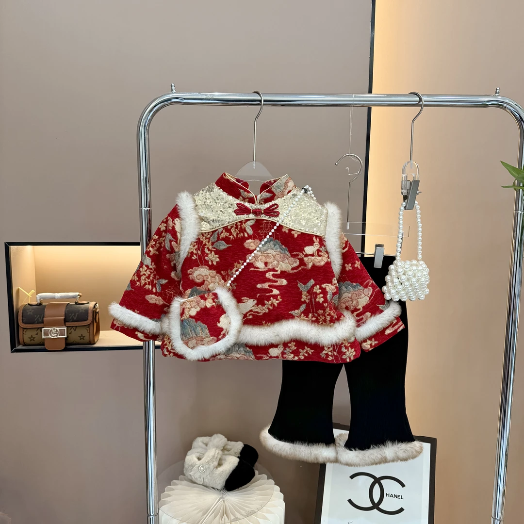 女童洋气拜年服套装时髦百搭女宝红色年服加绒加厚中国风