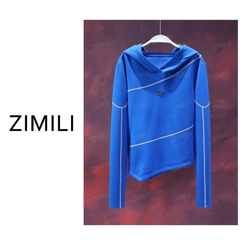 【亮哥女装】2025秋冬新品《赛里木湖系列》景泰蓝拼接连帽打底衫6060