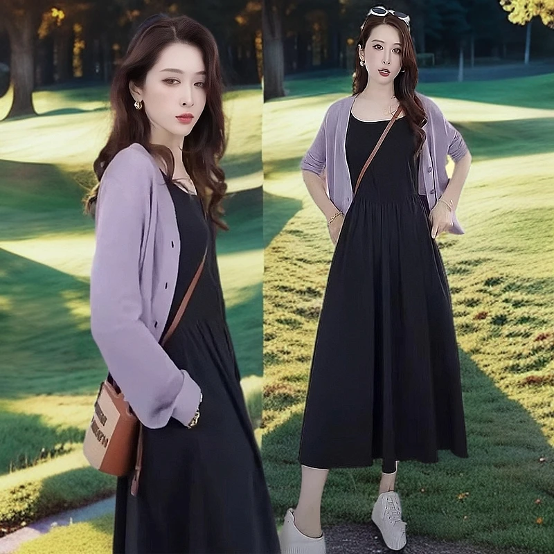 连衣裙套装女2025早春洋气薄款长袖开衫上衣时尚显瘦吊带裙两件套