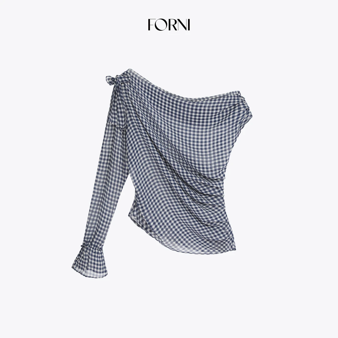 FORNI 窗格背心 法式女人味气质不规则抽褶无袖荡领格纹背心