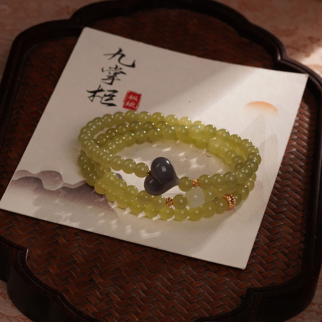 天然青黄口和田玉多圈手串—多样性发其一18k金镶嵌6mm【JJ415】