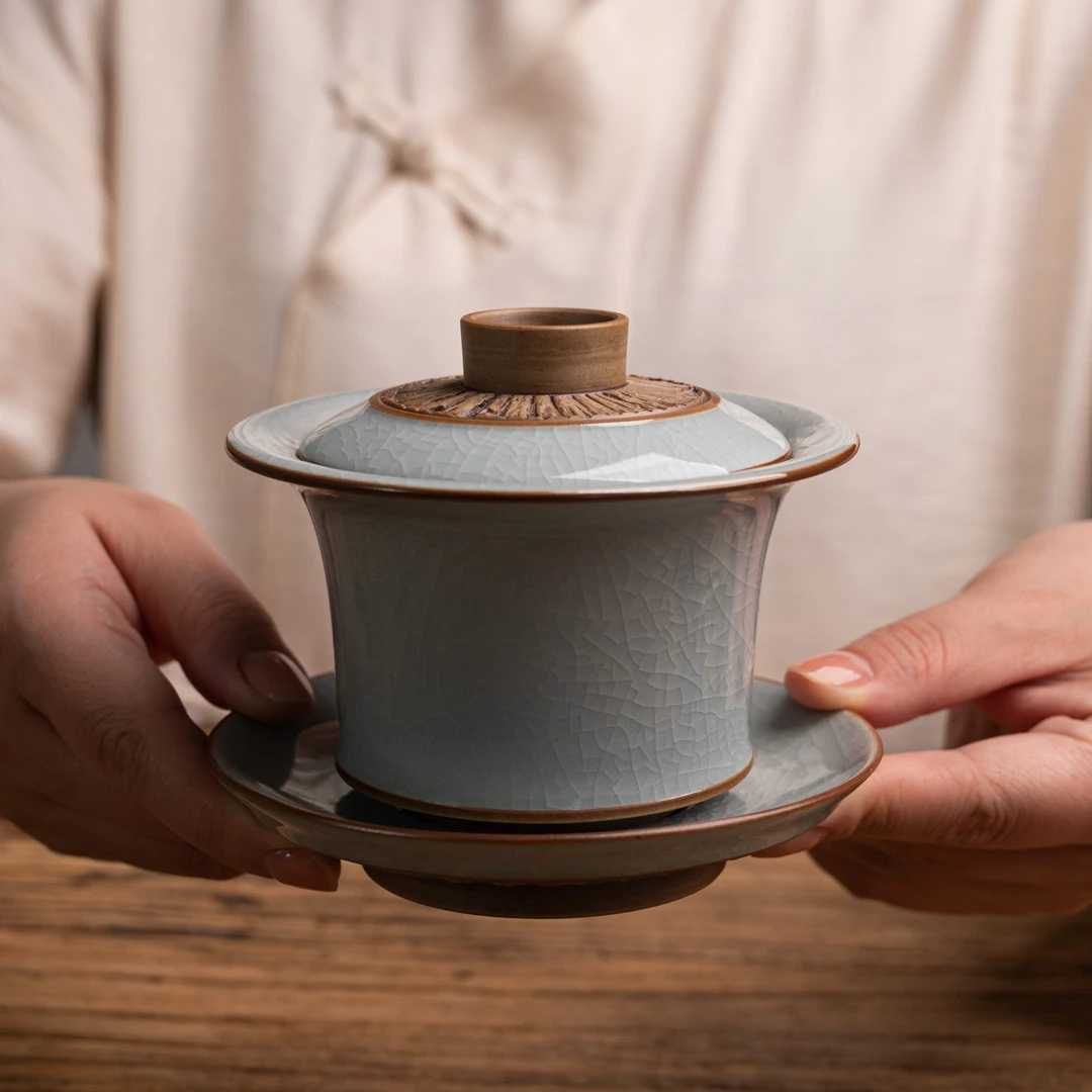 赵运圈月白重工马蹄盖碗150ml 手工汝窑盖碗茶具 河南汝州汝瓷