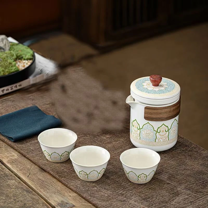 宝相花黑色提包户外便携旅行茶具一壶三杯新中式快客杯8069