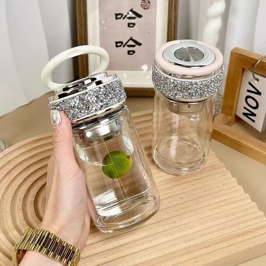 带钻杯盖玻璃水杯2025新款高颜值男女双层玻璃杯便携小巧玻璃水杯
