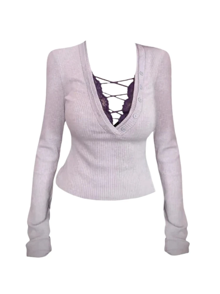 设计感假两件拼接针织打底衫女纯欲辣妹风修身显瘦性感显瘦上衣女